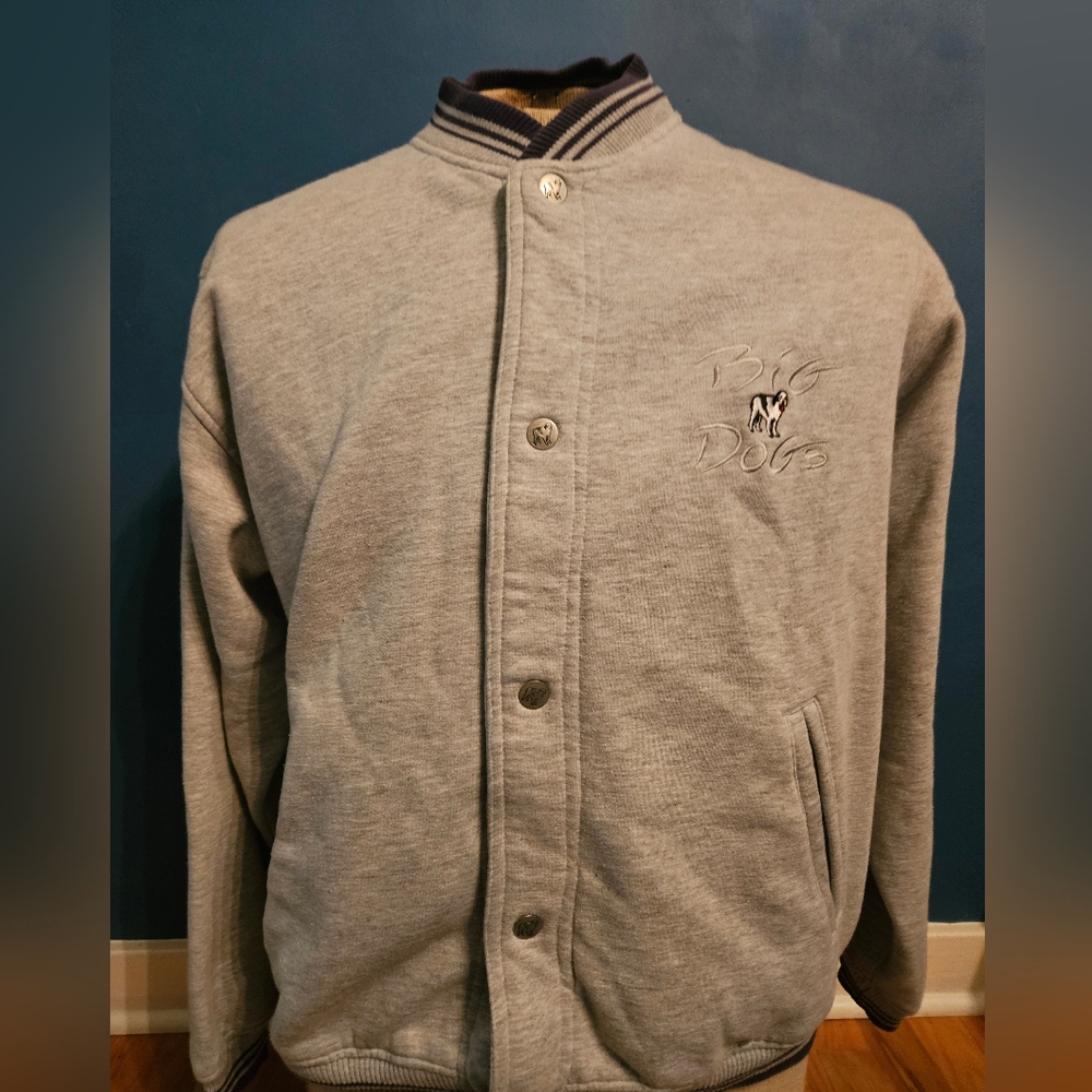 Vintage Big Dogs Fleece Gray Bomber Jacket  Mens Large Fleece Snap Closure